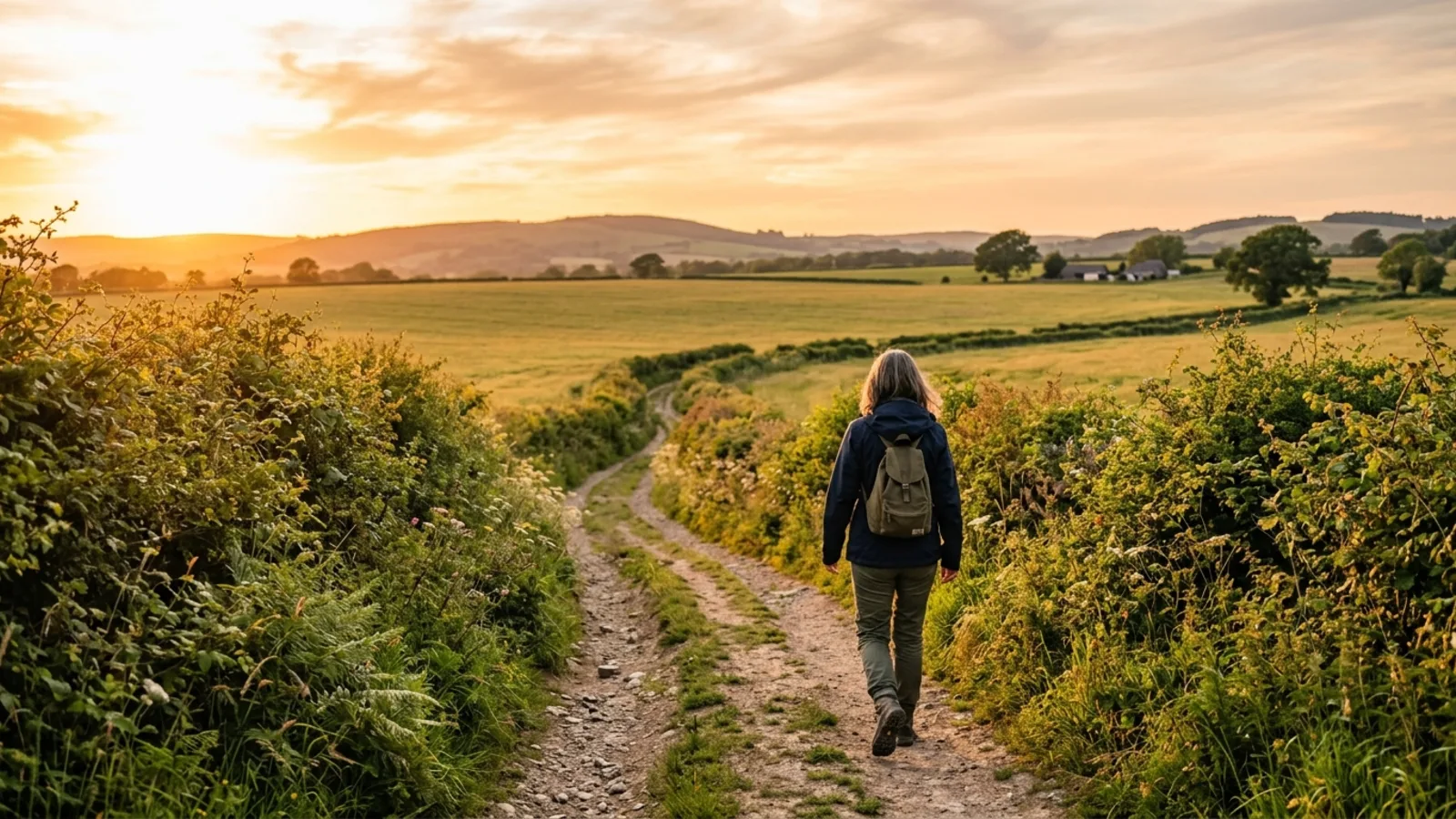Woman walking a sunlit British countryside path, symbolising personal growth