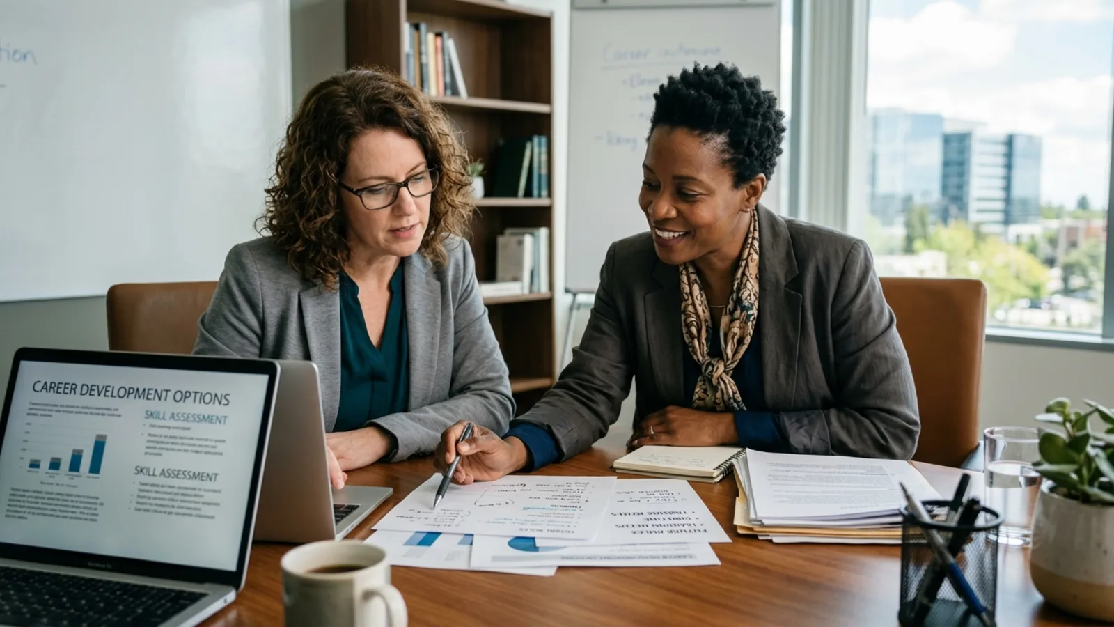 Professional reviewing career options with a coach over a laptop and notes