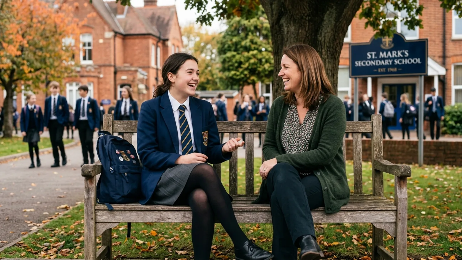 Teenage girl talking with a coach on a school bench, growing in confidence