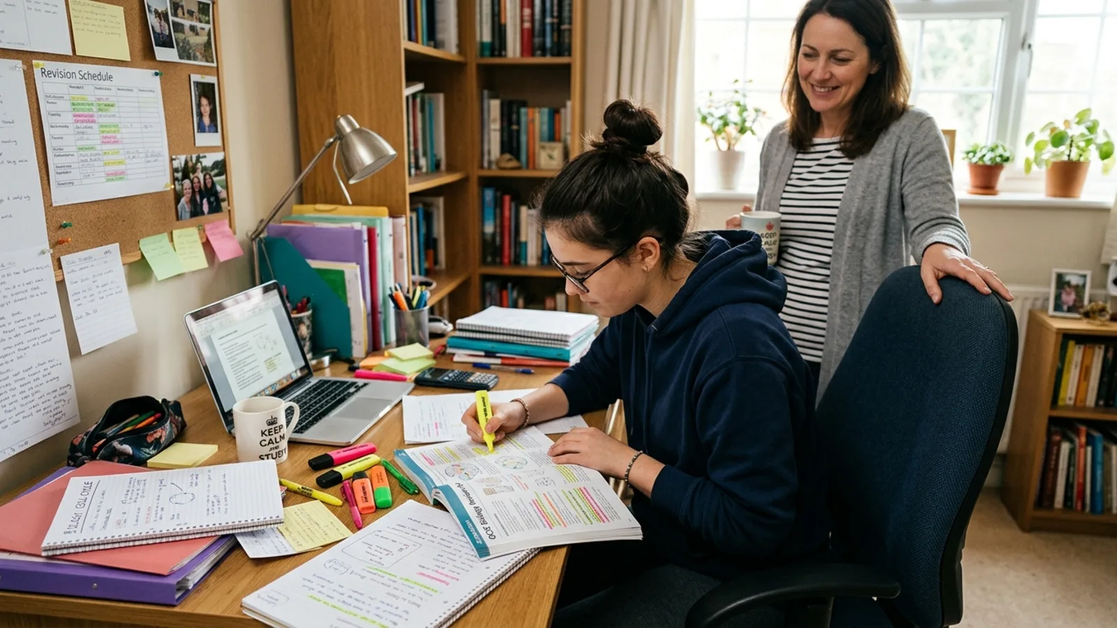 Teenager revising at a desk with notes and a calm supportive adult nearby
