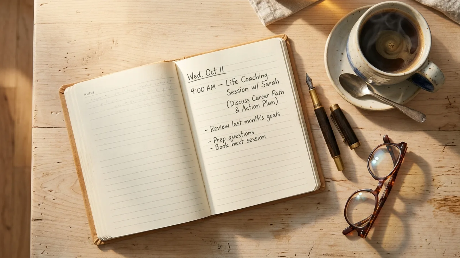 Notebook, pen and coffee on a desk with a diary open at a booked session
