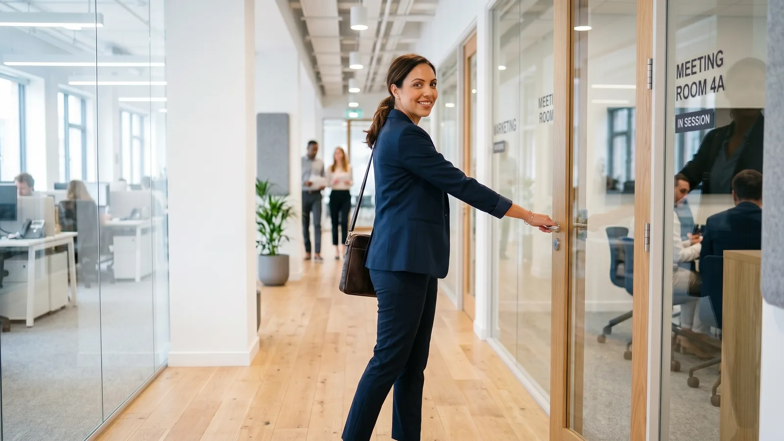 Woman standing tall in soft daylight before walking into a meeting
