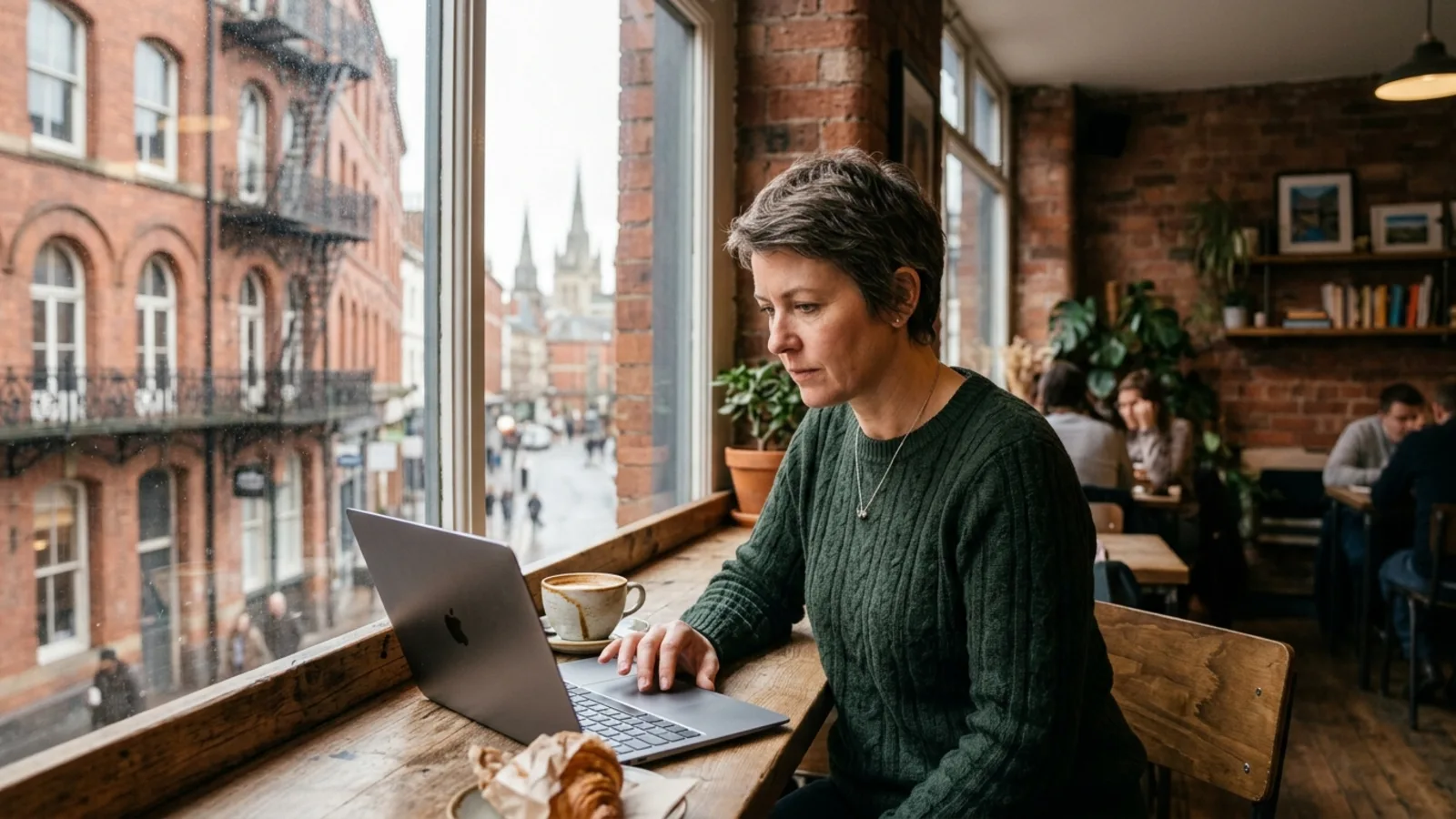 Person browsing coaching options on a laptop in a Birmingham cafe