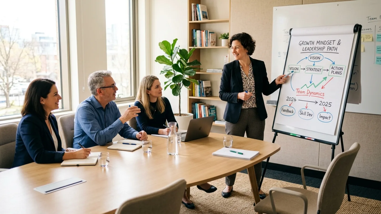 Leadership coaching session with a flip chart of growth principles