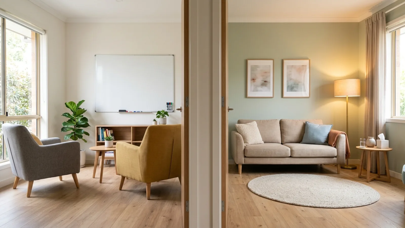 Two contrasting calm rooms side by side, a coaching space and a therapy space