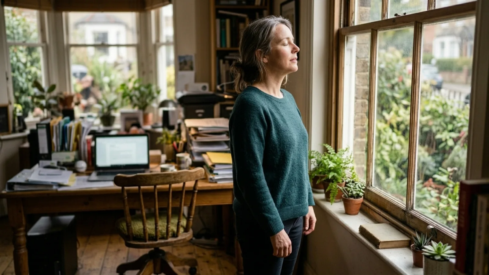 Person in an online coaching video call from a bright room at home