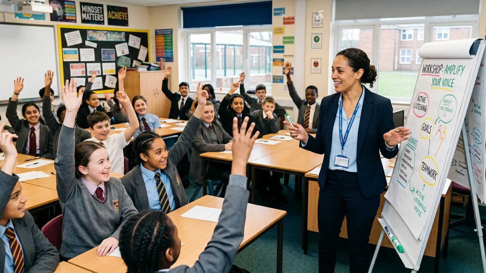 Coach leading a student workshop in a Birmingham secondary school hall