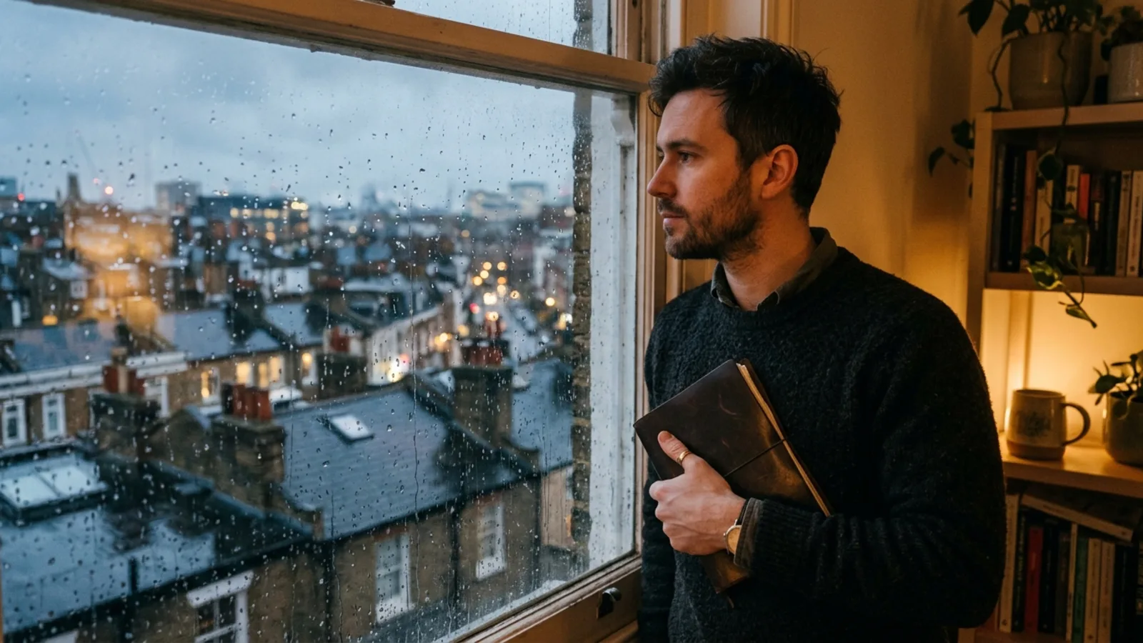 Person pausing at a rain-flecked window with a notebook, thinking about a change