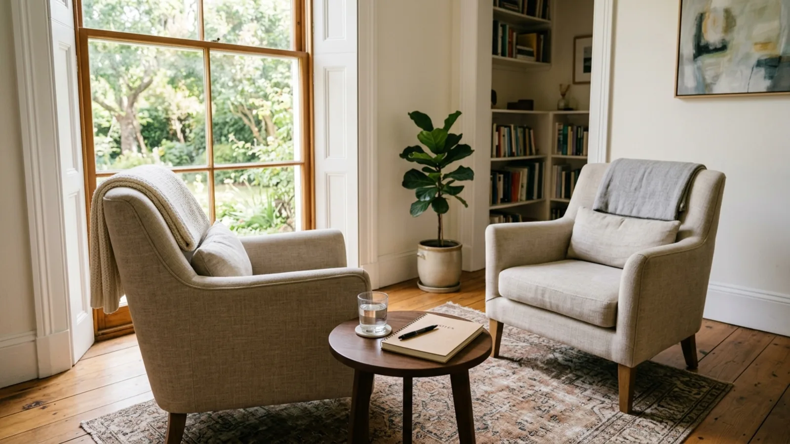 Two armchairs facing each other beside a window, set up for a coaching session