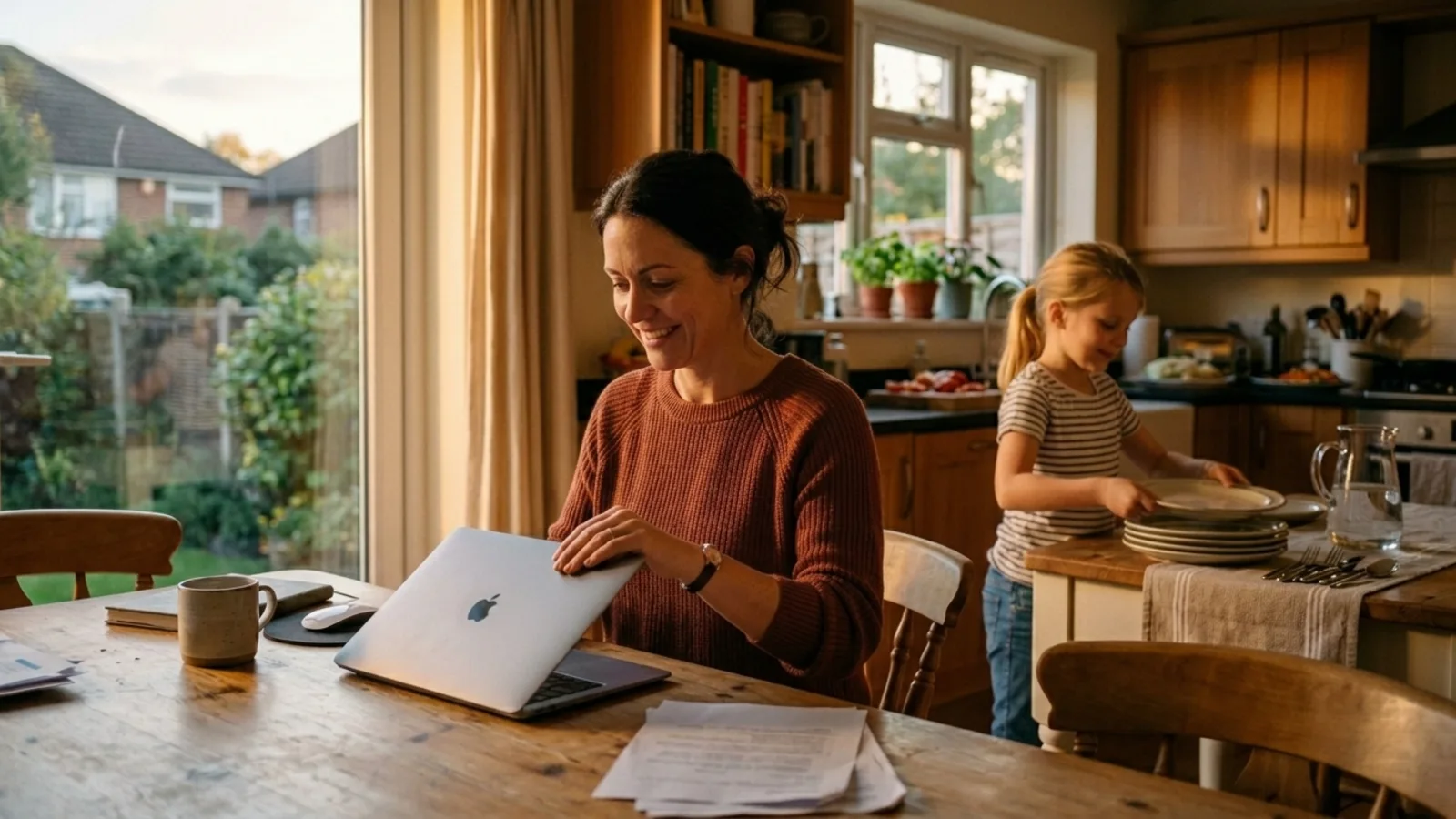 Parent closing a laptop at the end of the working day to be with family