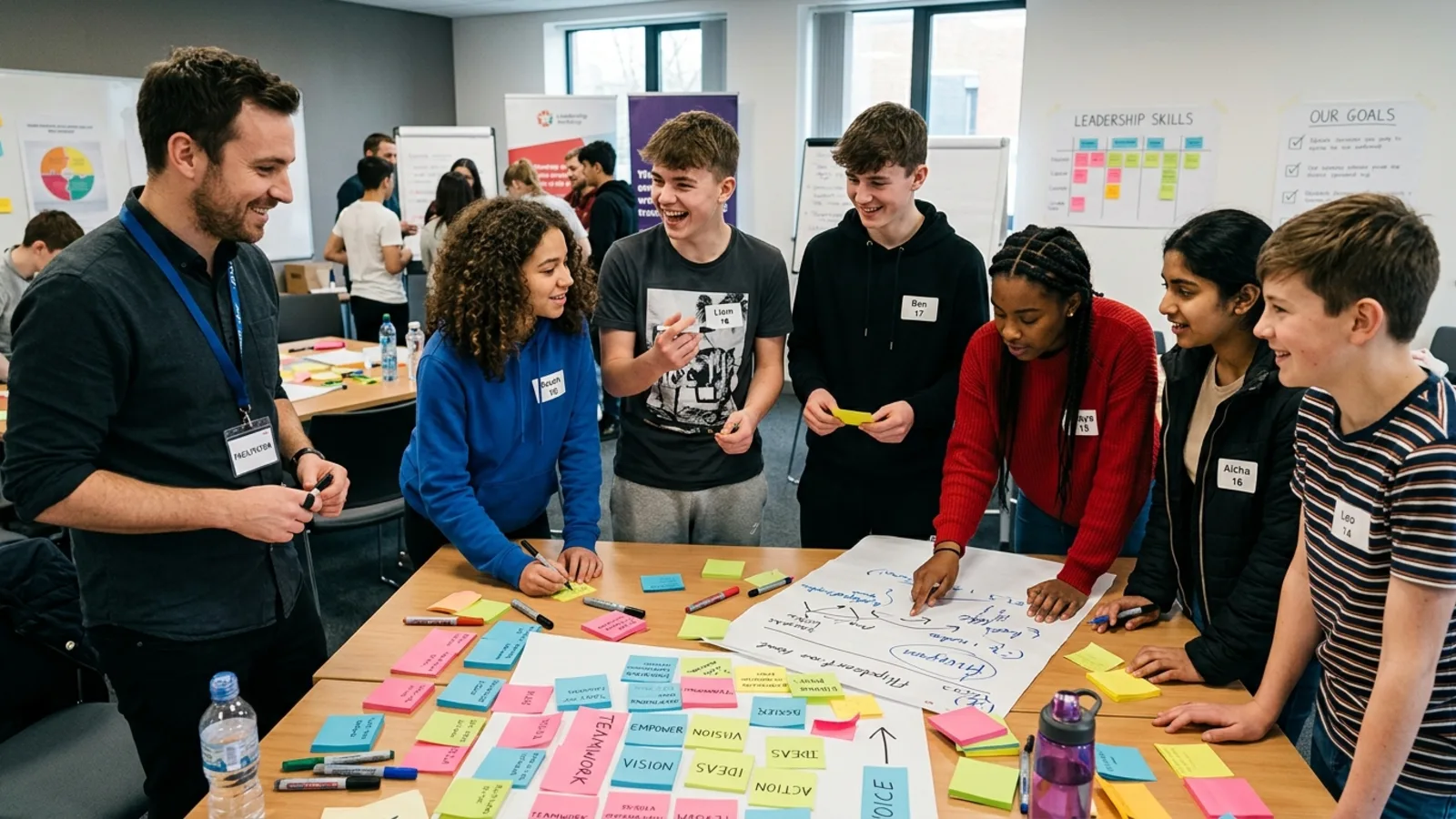Energised group of young people in a leadership workshop with a facilitator