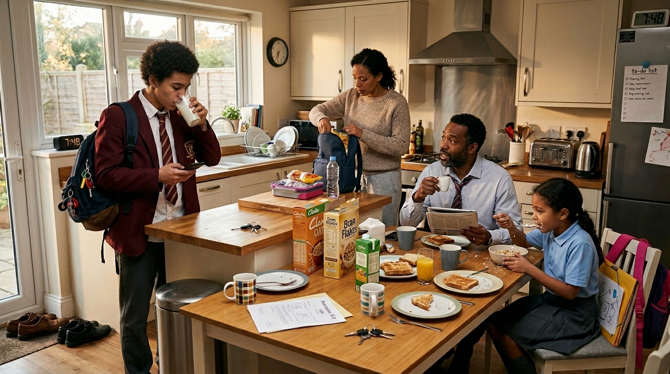 Family preparing for the school day