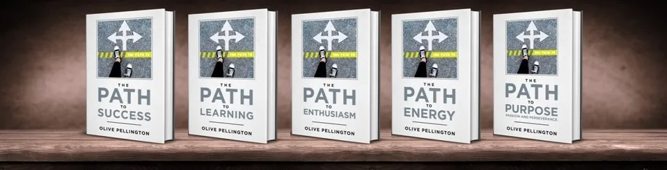 The five books of The Path To series by Olive Pellington on a wooden shelf